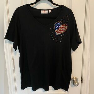 Quacker Factory Size 1X Black V-Neck Short-Sleeve T-Shirt with Patriotic Heart